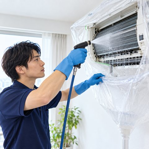 エアコンの熱交換器を洗浄するスタッフ